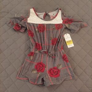 Kids Floral Romper - Red and Gray